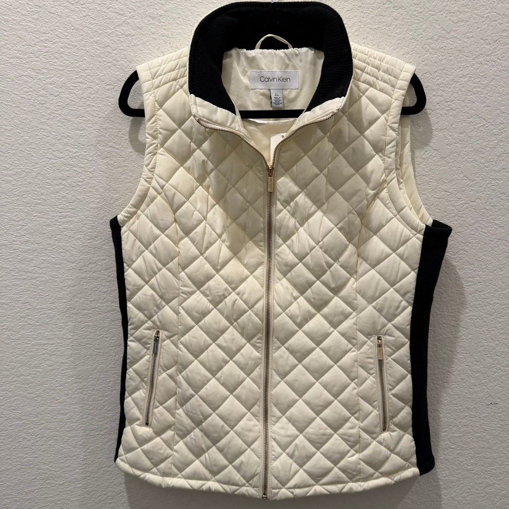 Calvin Klein Womens Quilted Puffer Vest Cream White Black Ribbed Trim Large NWT